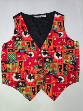 Vintage Halloween Vest Black Cat Witch Pumpkin Patchwork Fall Large 90s Y2K